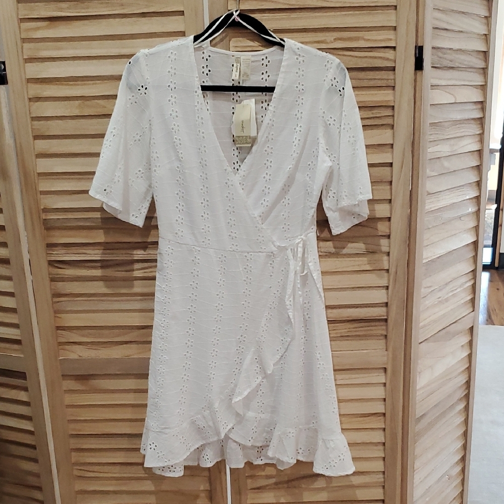 Japna Eyelet Wrap mini dress Size S Petite Boho Beach Coachella Cottagecor